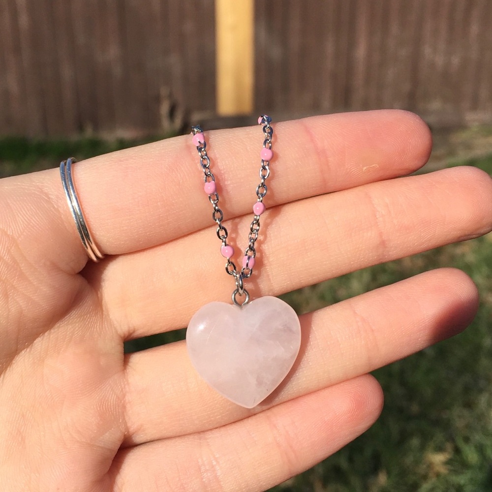 Gemstone Necklace Natural Pink Rose Quartz Heart